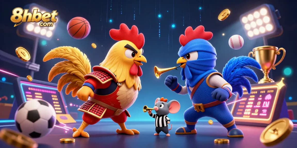 Experience thrilling bets at 8xbet com with fierce cartoon roosters clashing in an animated casino scene.