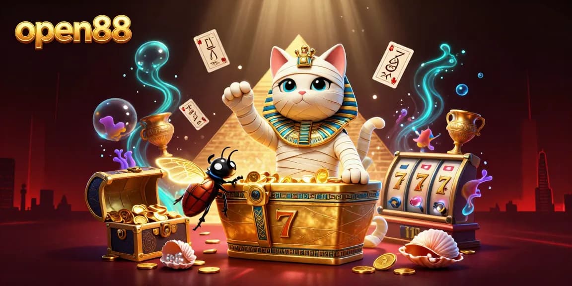 Experience thrills at open88 with a mummy cat and striking casino elements highlighting a vibrant gaming scene.