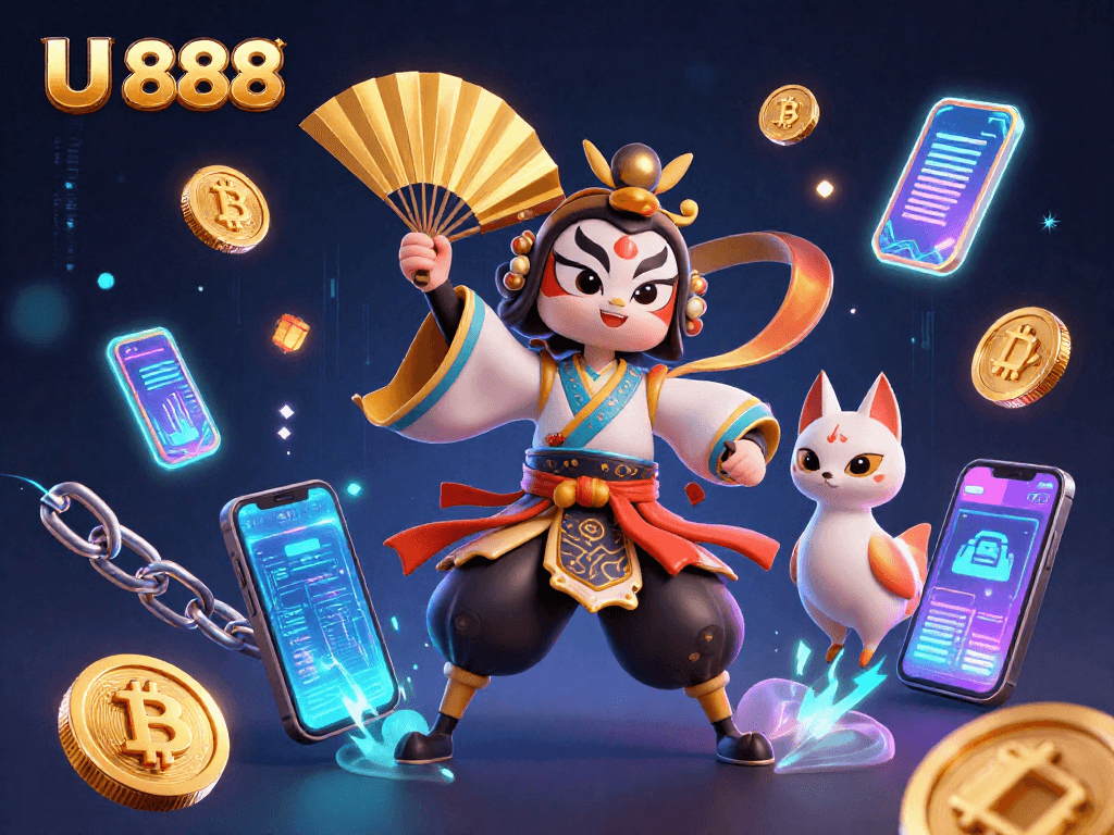 Betting with U 888: a kabuki warrior and kitsune mask in a vibrant casino-themed digital landscape