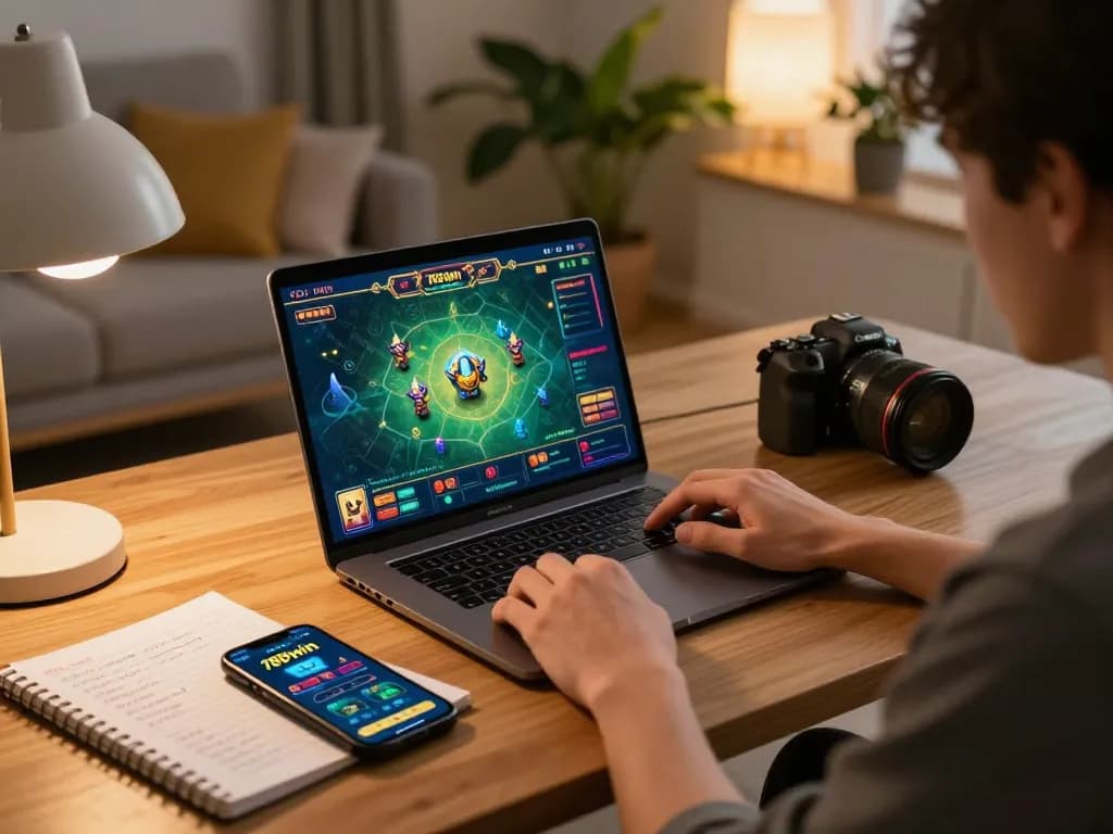 Engaging in a 789win game online with a laptop setup, showcasing strategy and excitement.