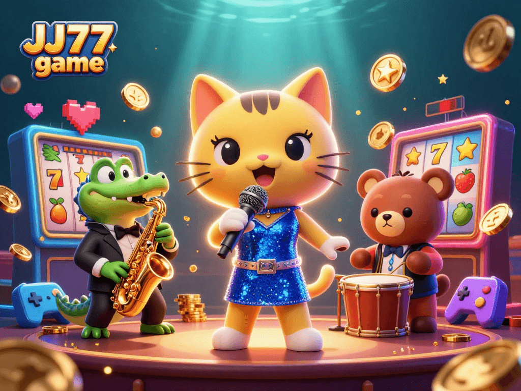 Experience the excitement of JJ77 game with vibrant characters and dynamic casino elements.