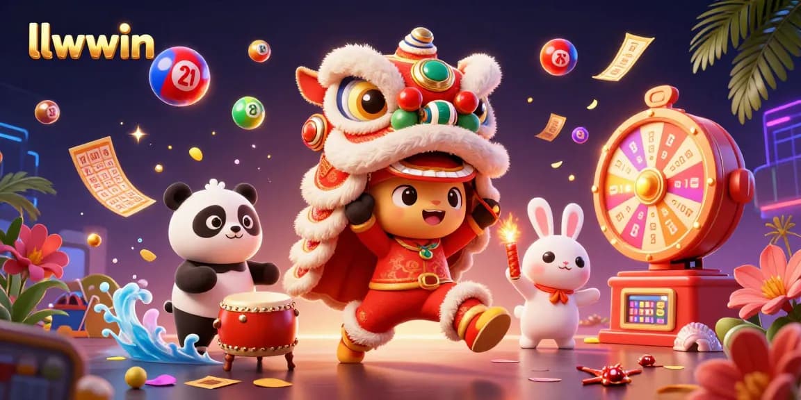 Experience excitement at llwwin with vibrant lottery balls and festive characters in a lively casino scene.