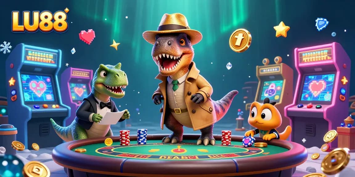 LU88 showcases a playful 3D velociraptor at a blackjack table, adding excitement to an engaging casino atmosphere.