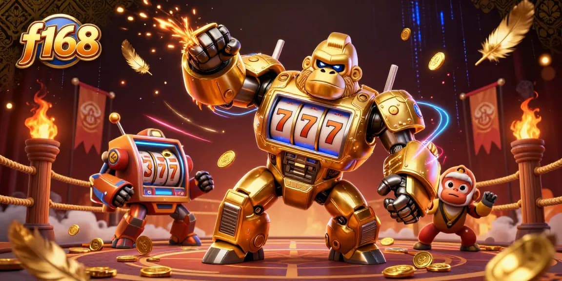Experience thrilling wins with f168 in this dynamic 3D scene featuring slot game excitement.