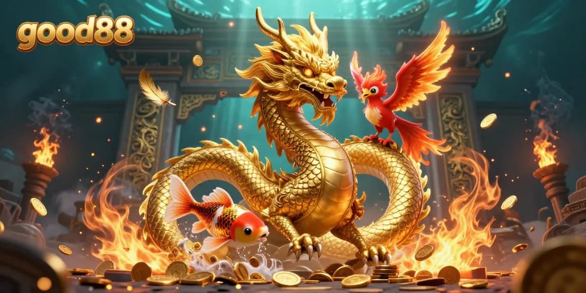 Experience the thrill of good88 casino with the majestic dragon, phoenix, and koi fish in a vibrant 3D illustration.