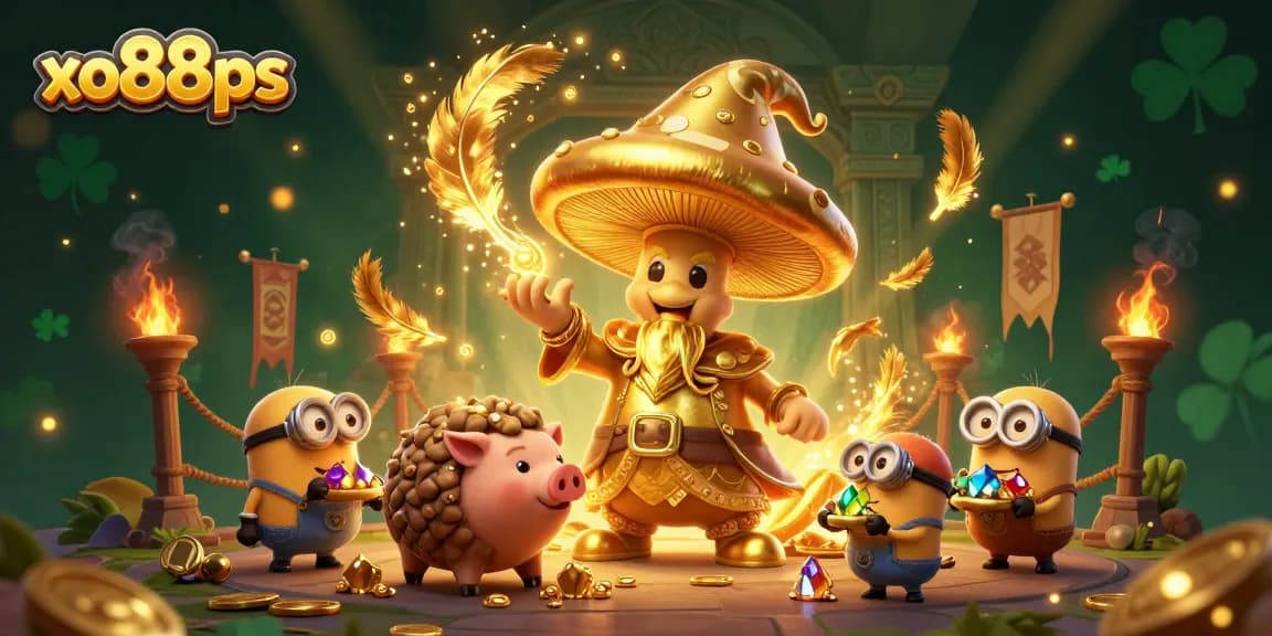 Join the excitement at xo88ps with a magical scene showcasing a golden wizard, treasures, and lively gaming elements.