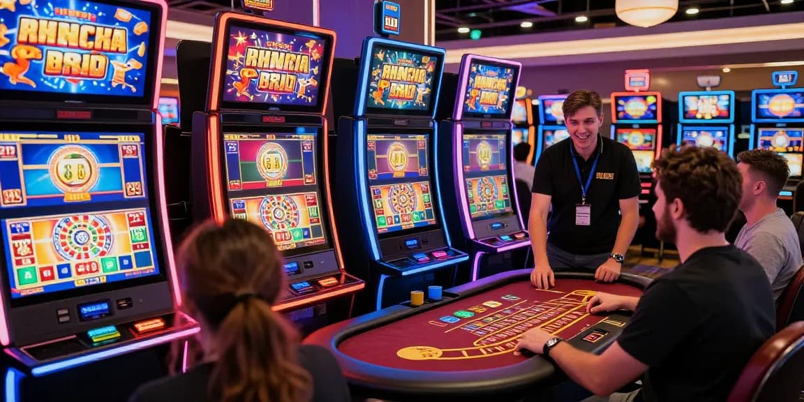 Begeisterter Spieler in einem Paysafe Card Casino, der Spiele und die lebendige Atmosphäre genießt.