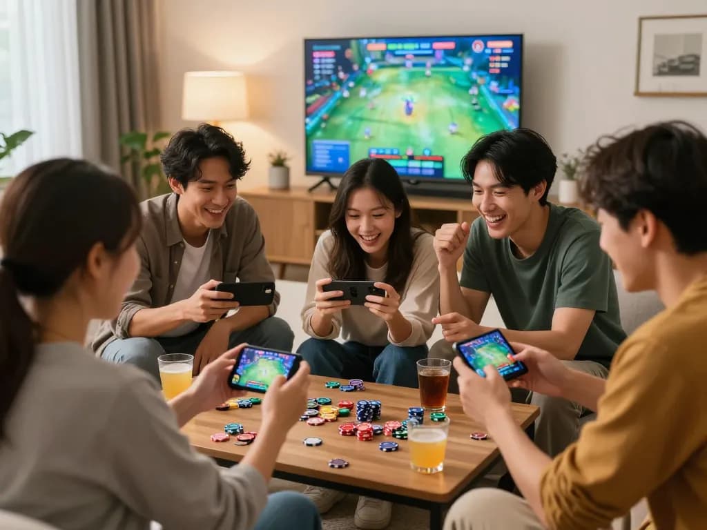 Friends enjoying the app tài xỉu online uy tín in a cozy atmosphere with gaming chips and drinks.
