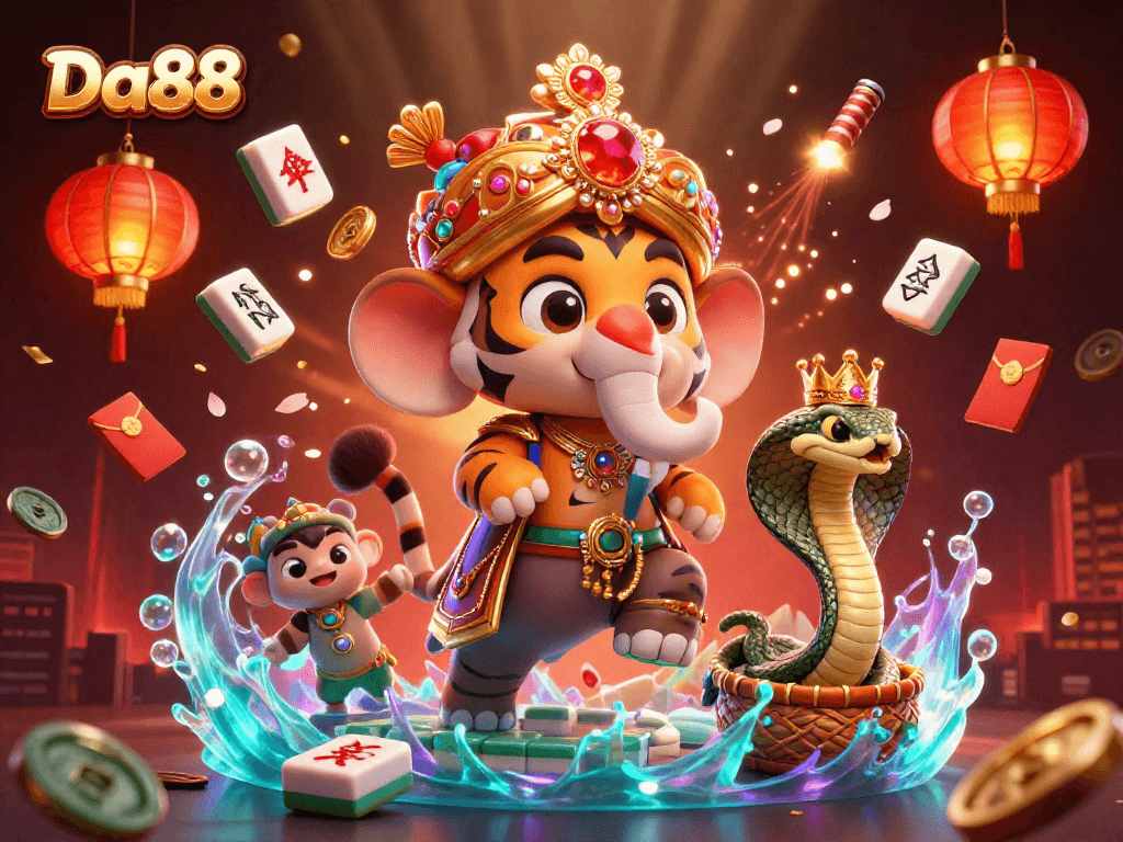 Experience Da88 with a vibrant and dynamic 3D casino scene featuring colorful game elements and characters.