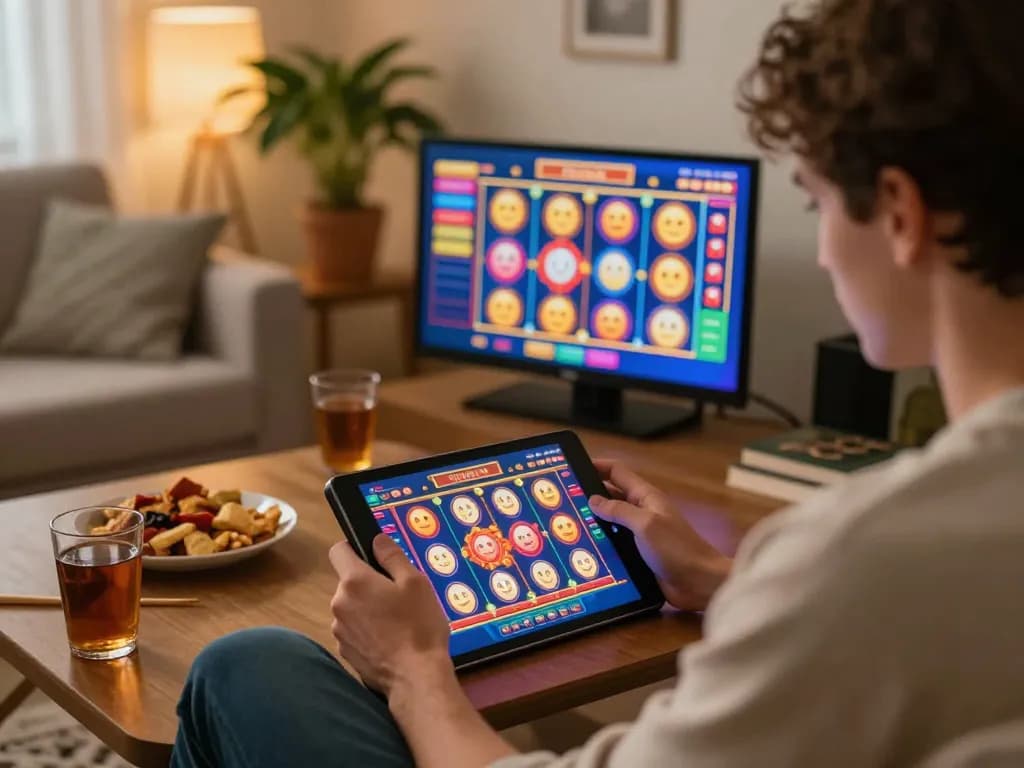 Engaging scene featuring player focused on exciting online slot game at home, showcasing Link nhà cái Say88 and strategic enjoyment.