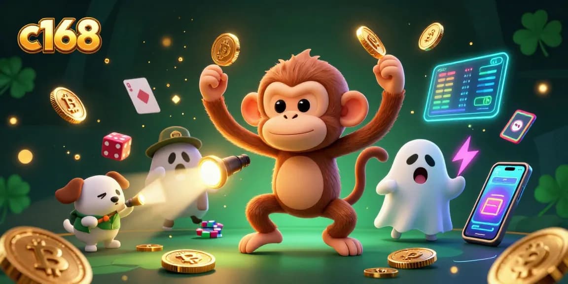 Engage with c168: A playful poltergeist monkey juggles crypto treasures in a haunted casino.