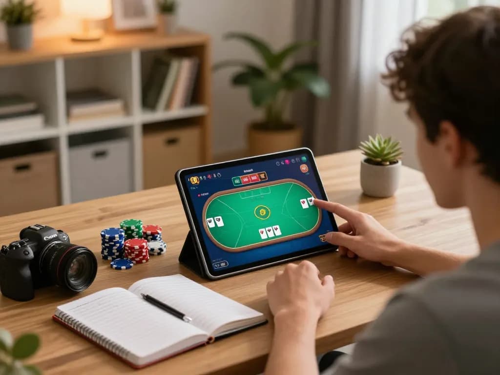 Player enjoying poker on a tablet during an online session at 79sodo, showcasing strategy notes and vibrant chips.