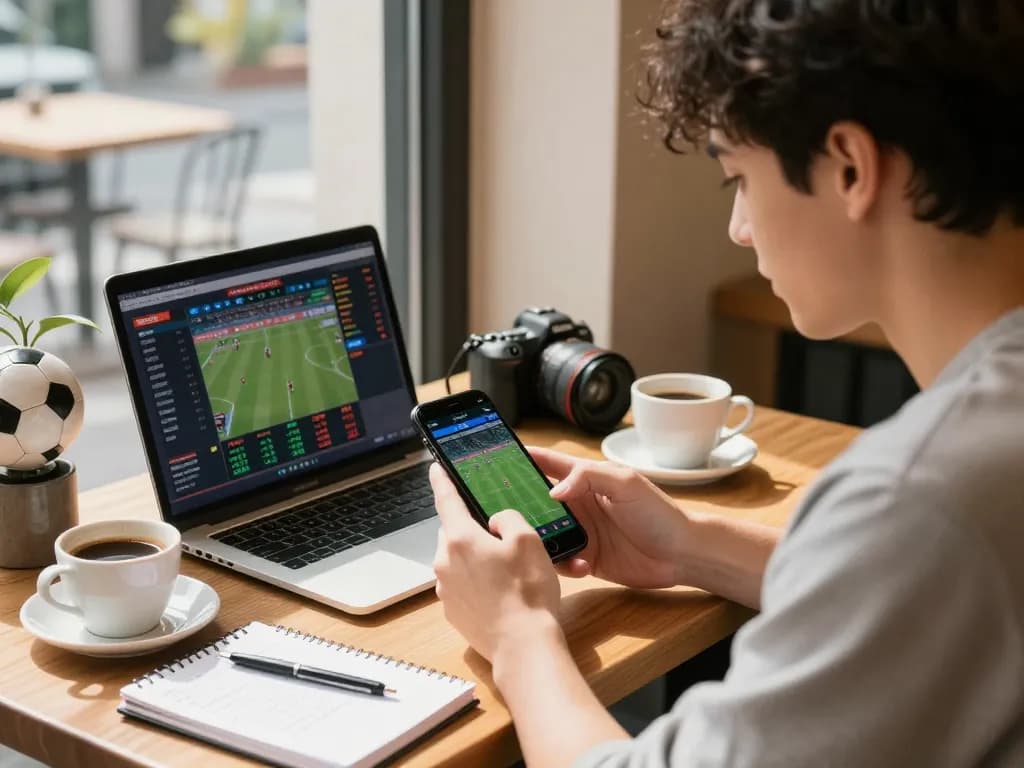 Engaged young adult using Topbet đăng nhập on a smartphone app in an energetic café environment.