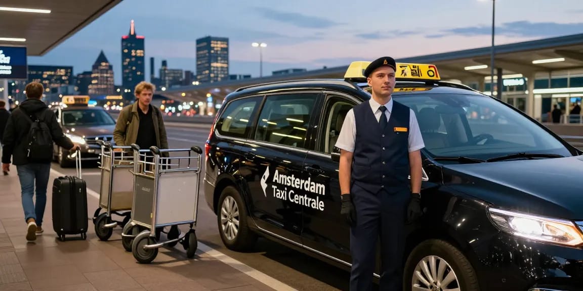 Betrouwbare taxi centrale amsterdam service op de luchthaven met professionele chauffeur en verlichte stadsachtergrond.