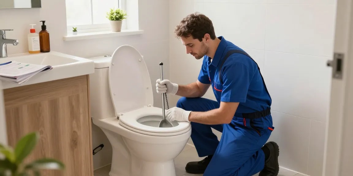 Afbeelding van een loodgieter die een verstopte wc in Gent professioneel ontstoppen