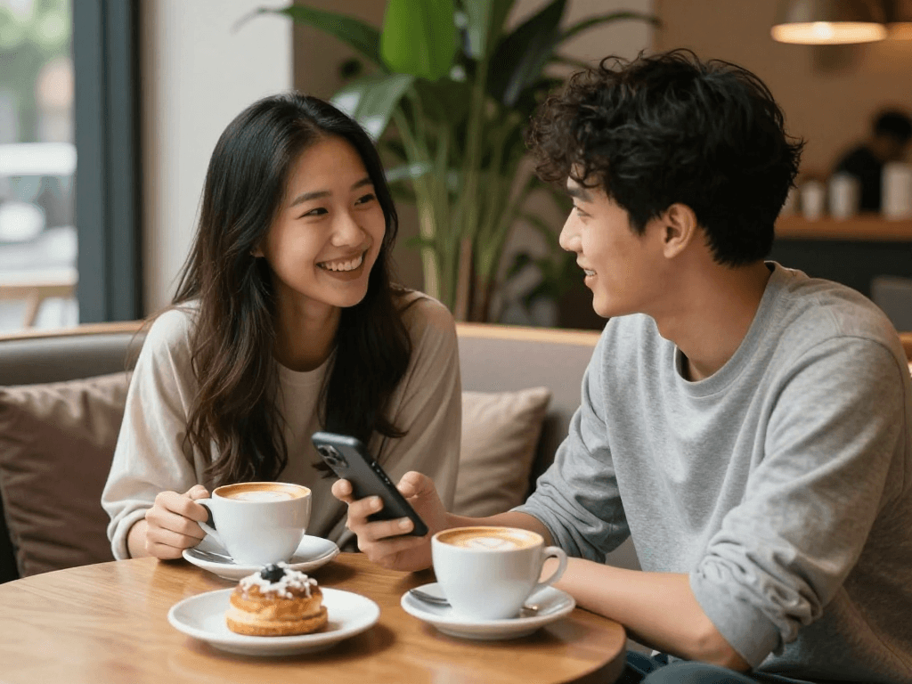 Engaging moment of f168 dating shared over coffee in cozy cafe.