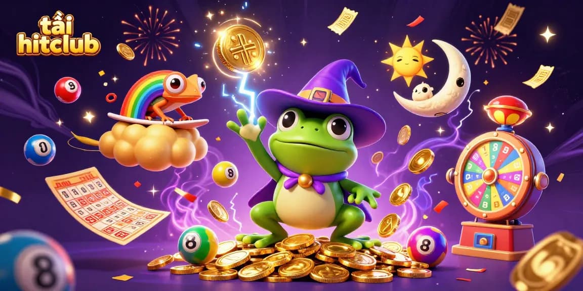 Tải hitclub and join the excitement of gambling with a dynamic, colorful online casino illustration showcasing gaming elements.