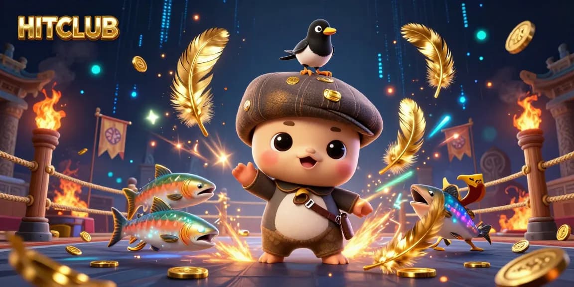 Join the action at HITCLUB with playful characters and exciting gaming elements in this vibrant illustration.