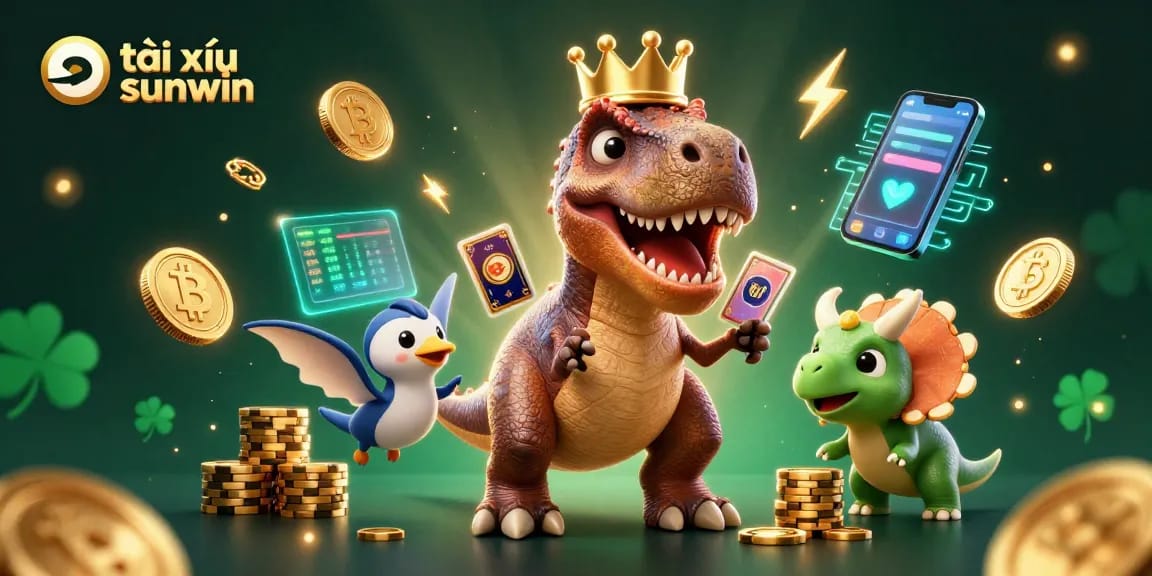 Tài xỉu sunwin animation featuring T-Rex shuffling cards, surrounded by crypto elements