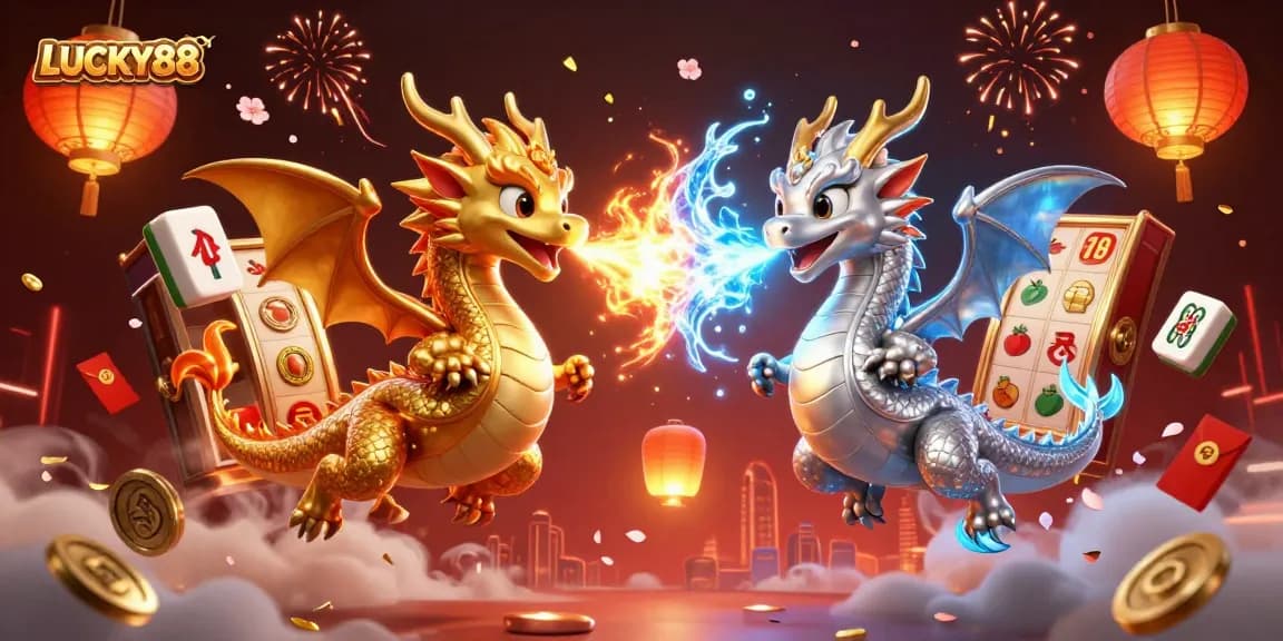 Experience the excitement of LUCKY88 slots with vibrant dragons and dynamic casino elements.