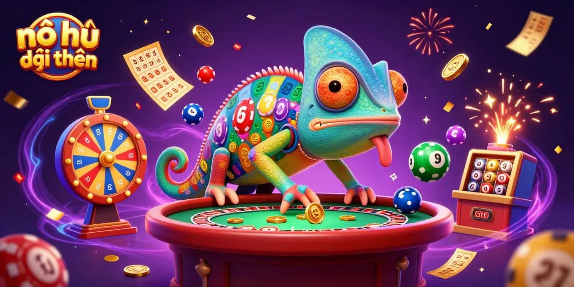 Play nổ hũ đổi thưởng with a vibrant illustration featuring colorful elements and a dynamic casino atmosphere.