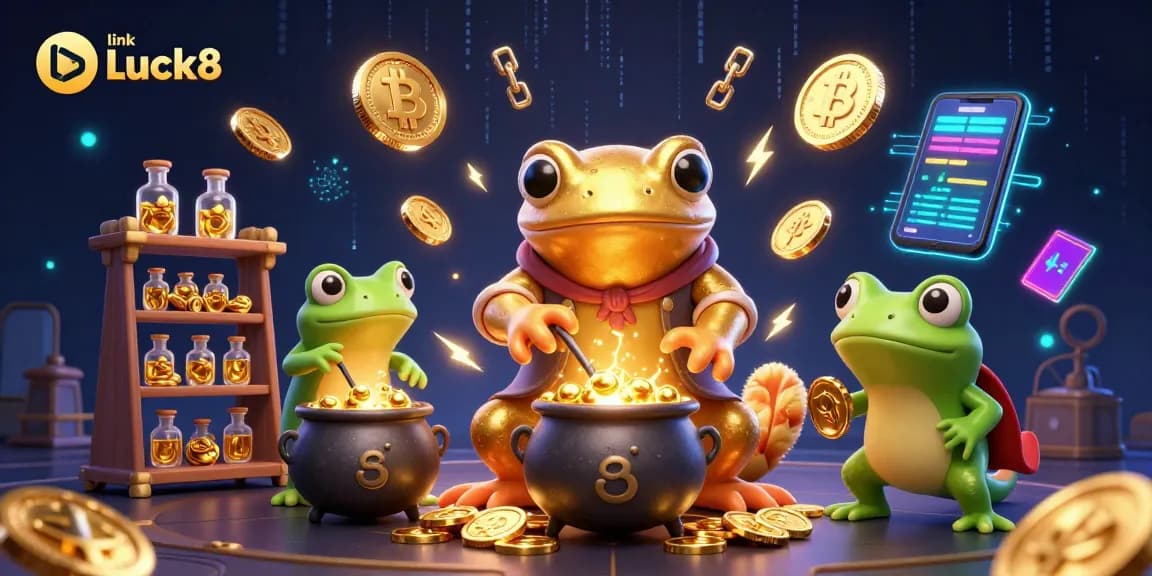 Experience thrilling gaming with link Luck8, as gold coins and crypto surround charming alchemist characters.