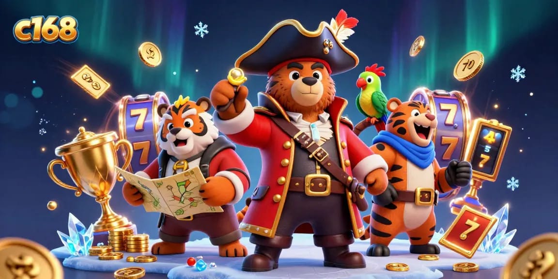 C168 casino scene with a cartoon pirate captain bear and tiger winning slots, embodying exciting gaming action.