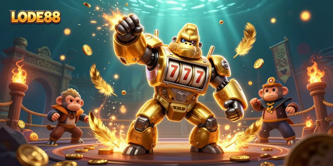 Experience thrilling gaming action with LODE88's golden gorilla mech in a vibrant casino scene.
