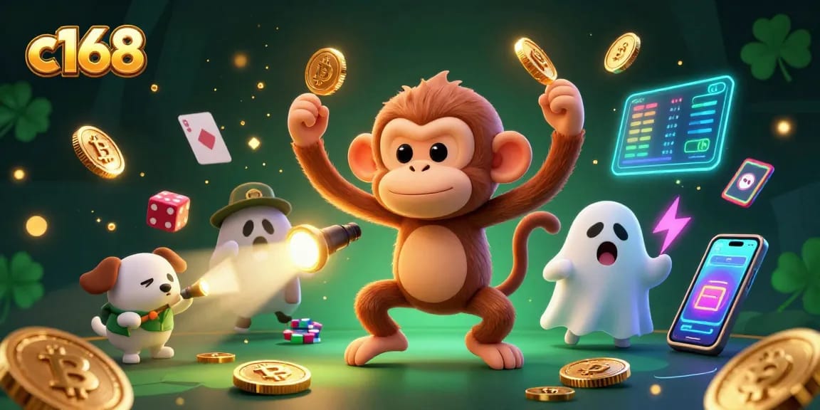 Engage with c168: A playful poltergeist monkey juggles crypto treasures in a haunted casino.