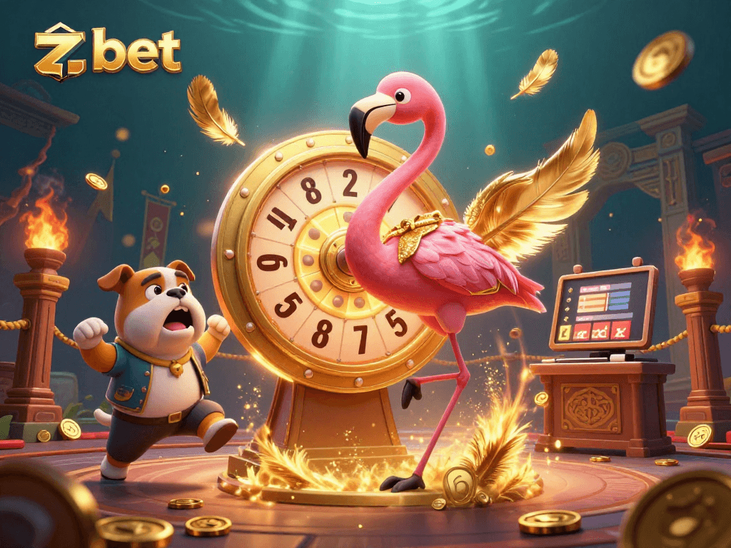 Engage with Zbet in a vibrant casino scene with a game show host, bulldog, and scoreboard cat.