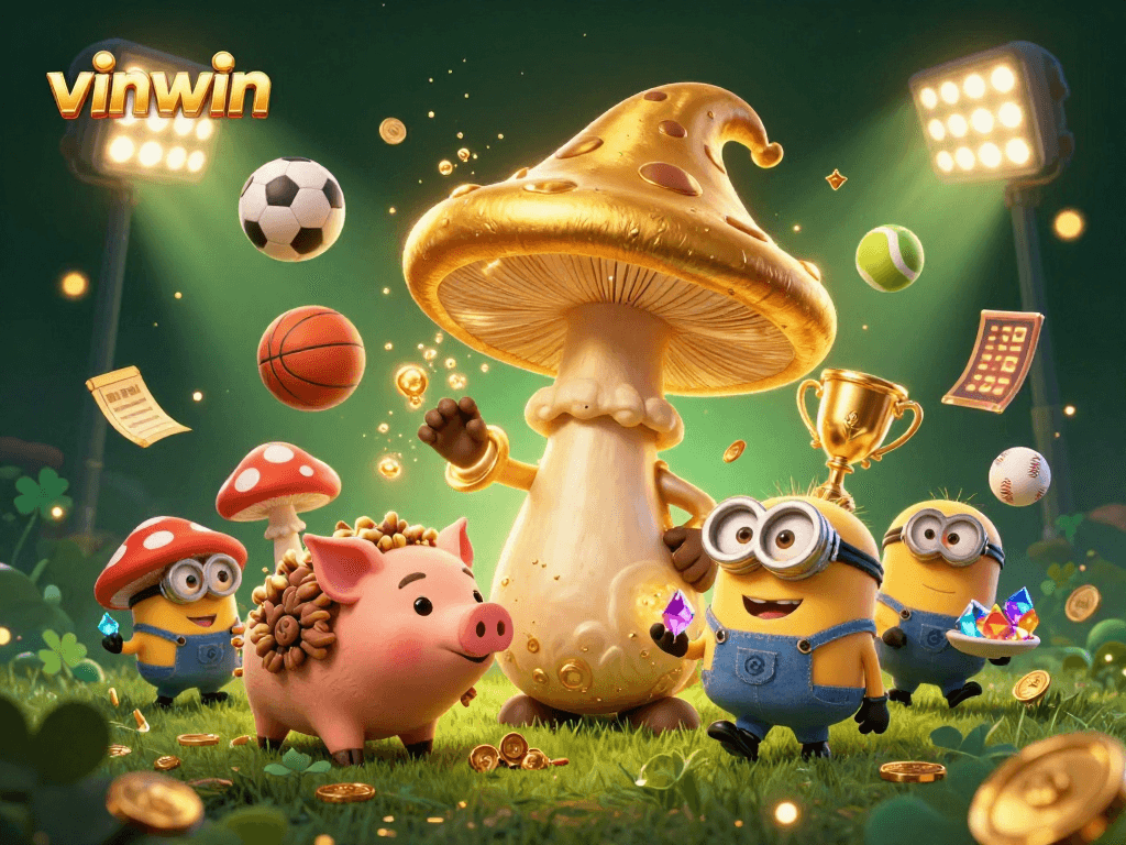 Experience vinwin's vibrant golden wizard surrounded by dynamic sports elements and treasures in a fantasy-filled scene.