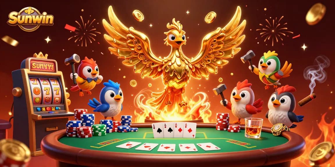 Experience Sunwin's thrilling gaming atmosphere with a golden phoenix emerging among vibrant slots and poker tables.