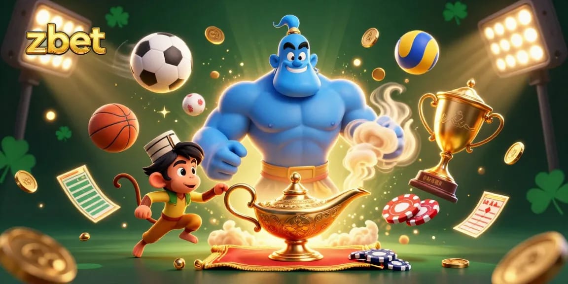 Experience thrilling zbet action as a blue genie and monkey playfully interact with sports elements.