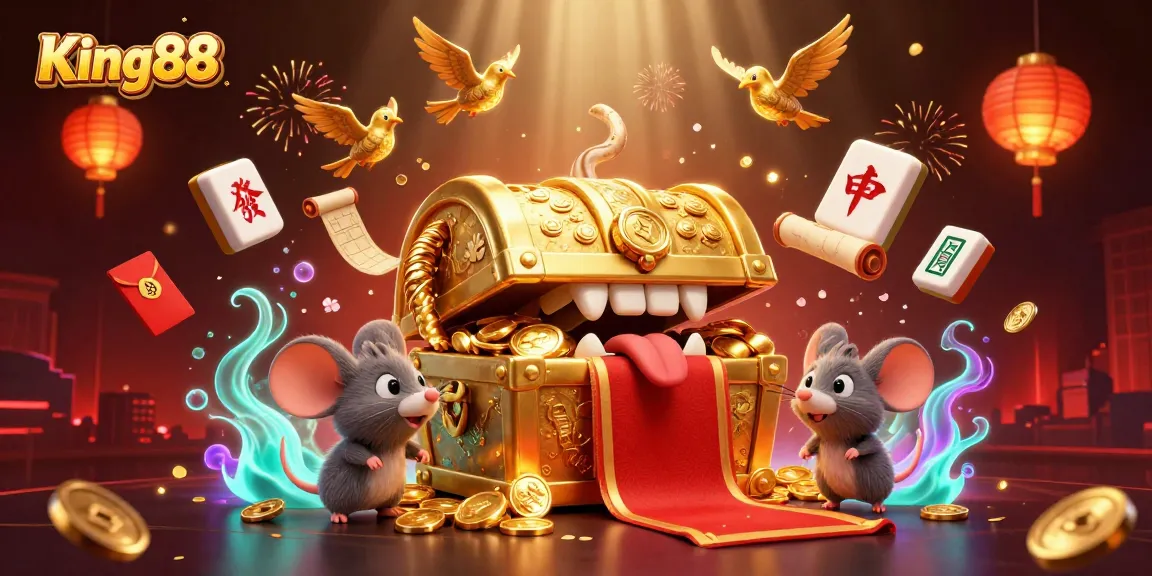 Experience King88's adventure with a treasure chest lure in this vibrant casino-themed illustration.