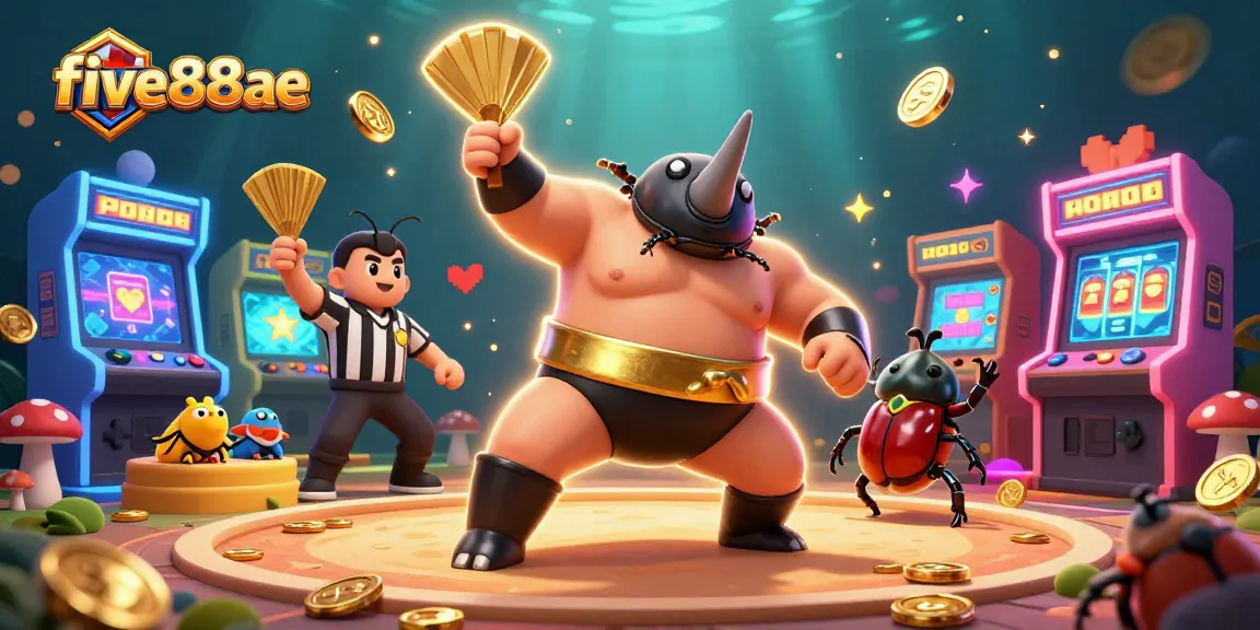 Experience the excitement at five88ae with a thrilling scene of a sumo champion beetle amidst golden coins, arcade machines, and slot reels.