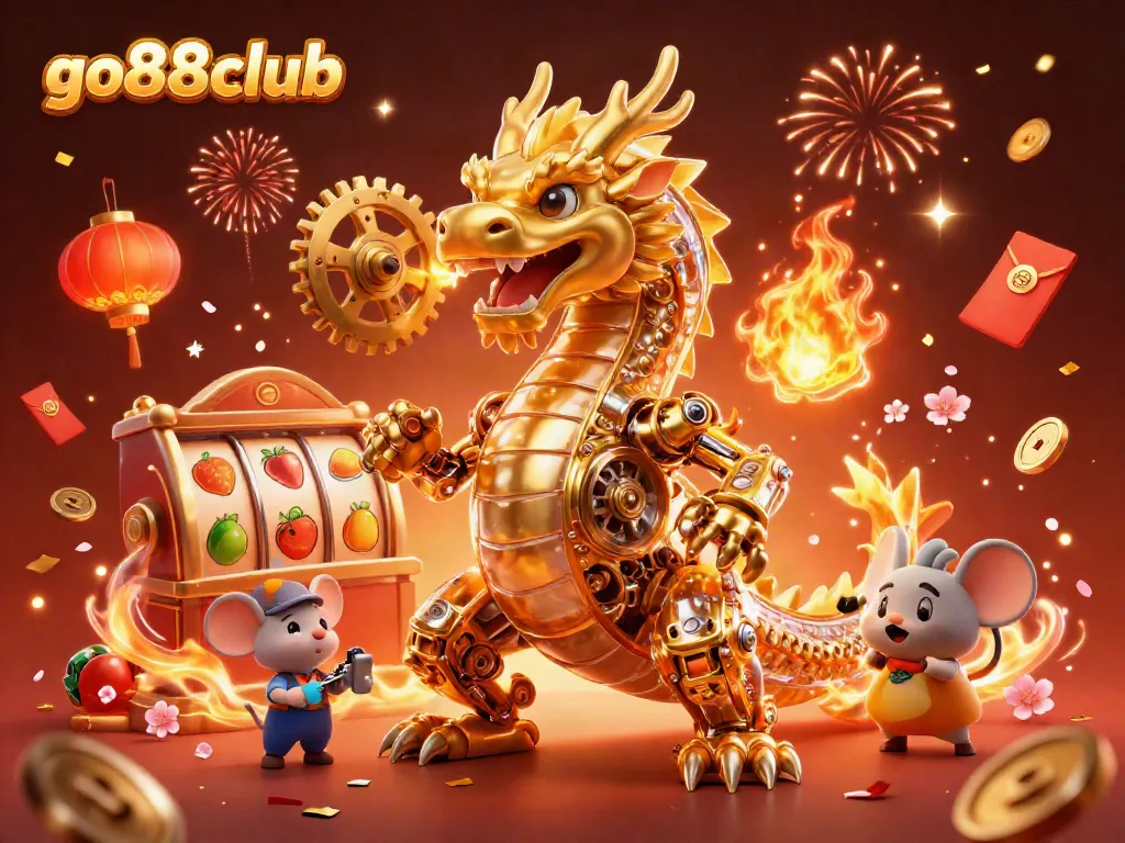 Engage with the go88club experience featuring a golden dragon surrounded by vibrant casino elements.