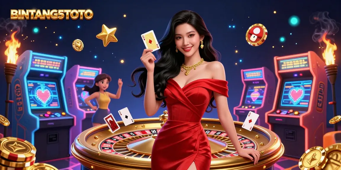 BINTANG5TOTO showcases a vibrant casino scene with a smiling Asian woman and gaming elements.
