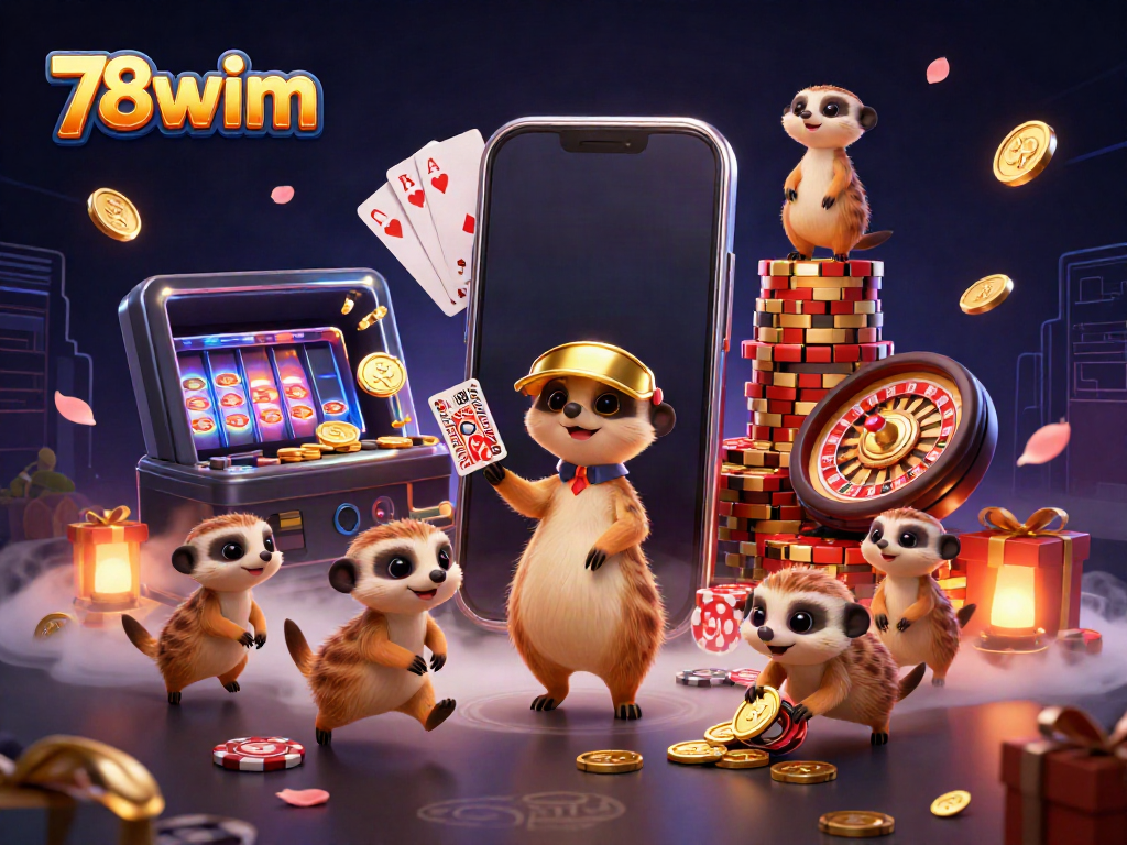 Engaging illustration of 78wim featuring meerkats operating a colorful casino, showcasing vibrant slot games and festive decor.
