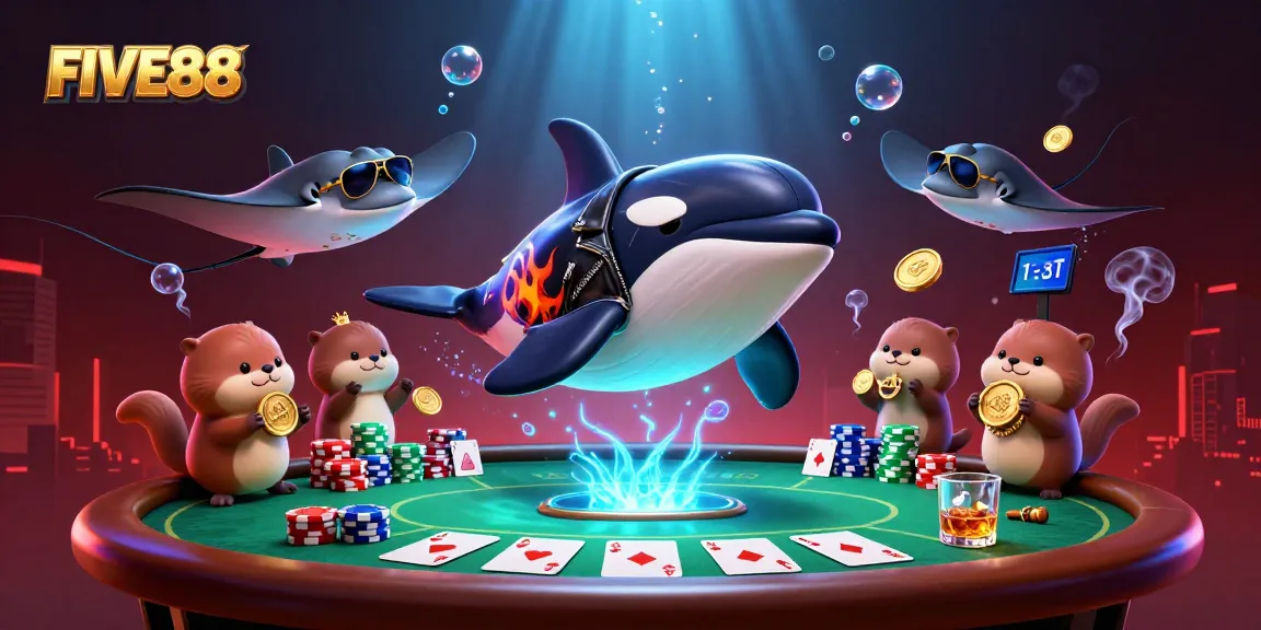 FIVE88 showcases a lively casino scene with an orca, stingray, and sea otters celebrating around gaming elements.