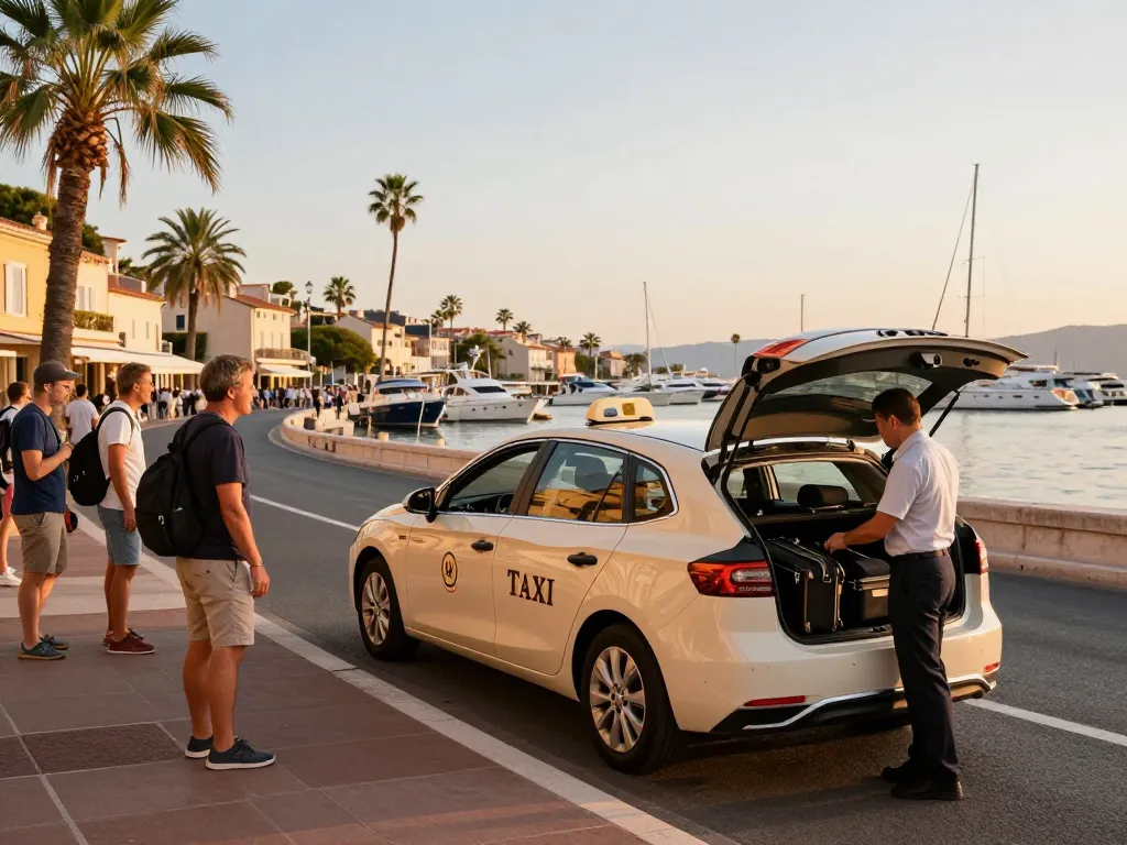 Scène de Taxi Saint-Tropez avec une voiture luxueuse et un chauffeur sympathique prêt à aider les voyageurs.