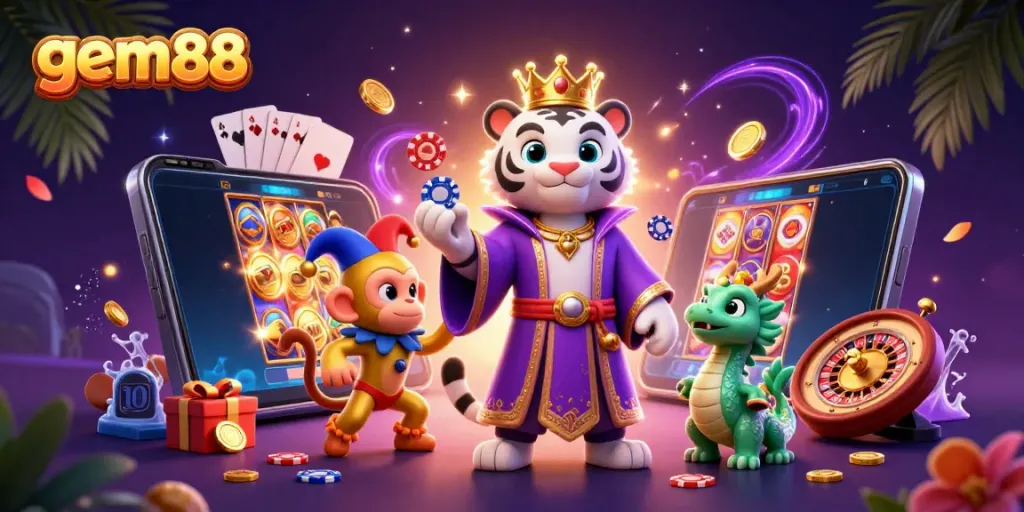 Experience the excitement of gem88 casino games with a vibrant 3D scene featuring a white tiger and poker chip juggling monkey.