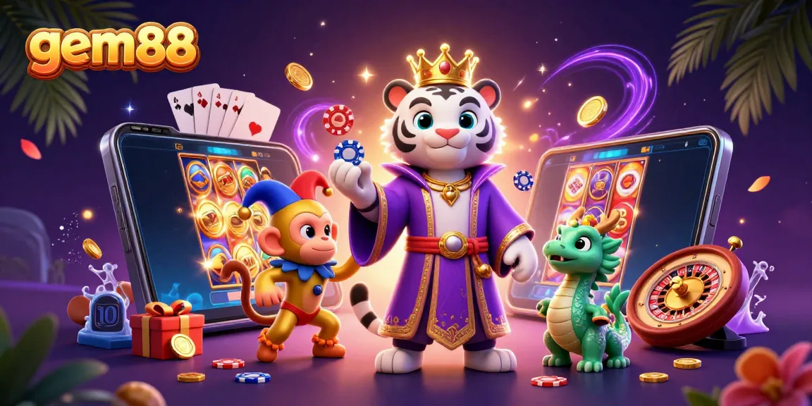 Experience the excitement of gem88 casino games with a vibrant 3D scene featuring a white tiger and poker chip juggling monkey.