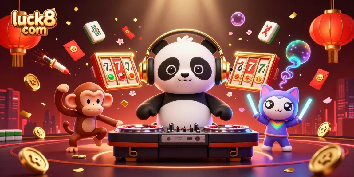 Experience excitement with luck8 com as the DJ panda spins and characters celebrate in a vibrant casino scene.