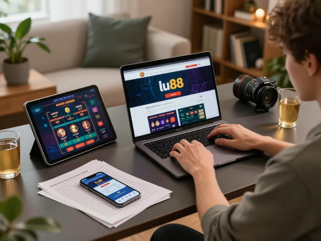 Player enjoying online gaming on lu88 casino platform at a cozy home setup with notes for strategy.