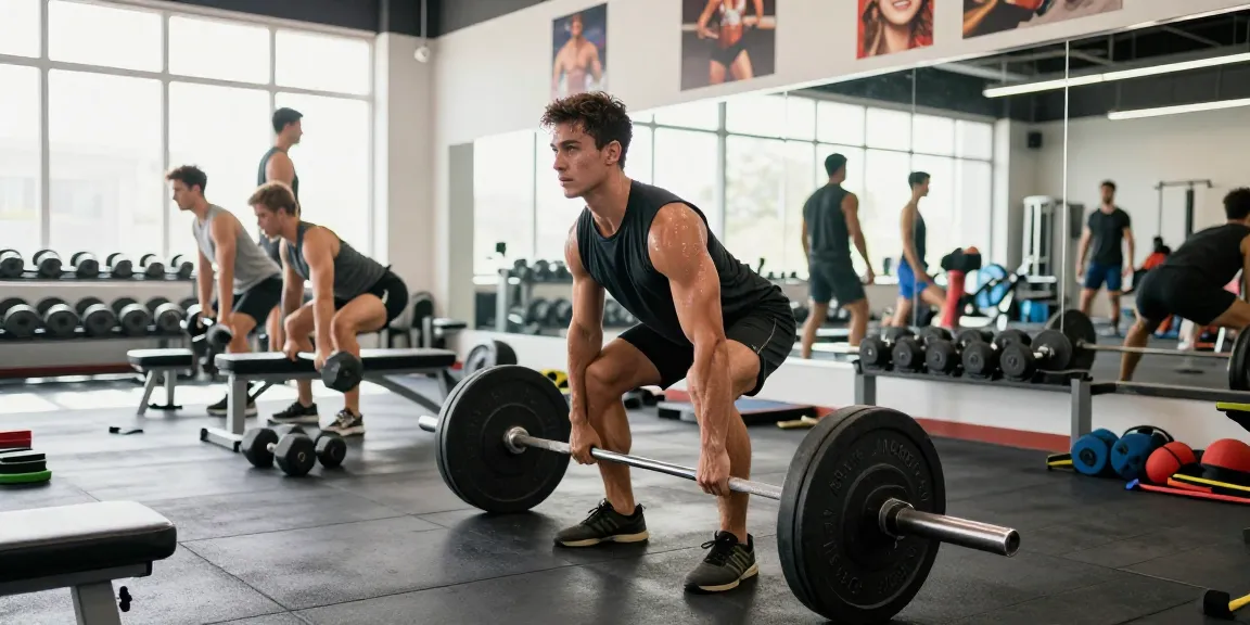 Prime Pharma Steroiden in action, bodybuilder performing deadlifts in a vibrant fitness studio with gym equipment.