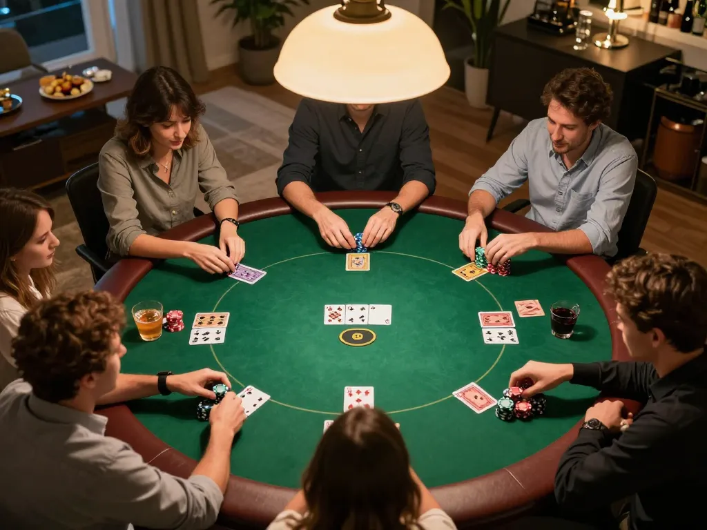 Players enjoying a competitive poker game at home, emphasizing the excitement of uk88 gaming.
