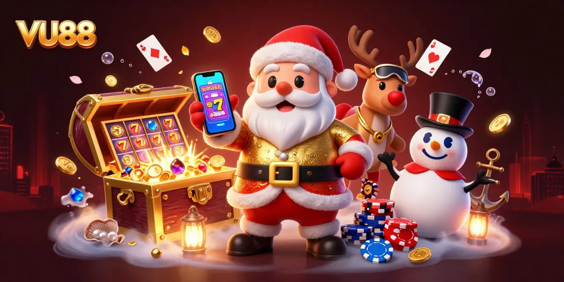 Experience the thrill at VU88 with Santa in a casino setting, jackpot slots, and vibrant game elements.