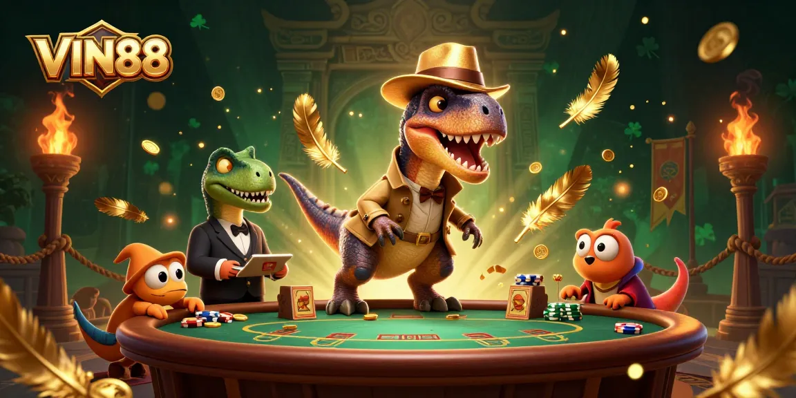 VIN88 offers vibrant, engaging cartoon visuals with dinosaurs at a blackjack table, showcasing animated excitement.