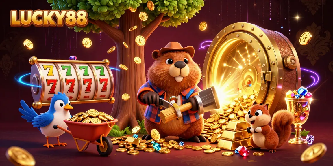 LUCKY88 players will enjoy stacks of gold coins raining down in this vibrant casino scene.