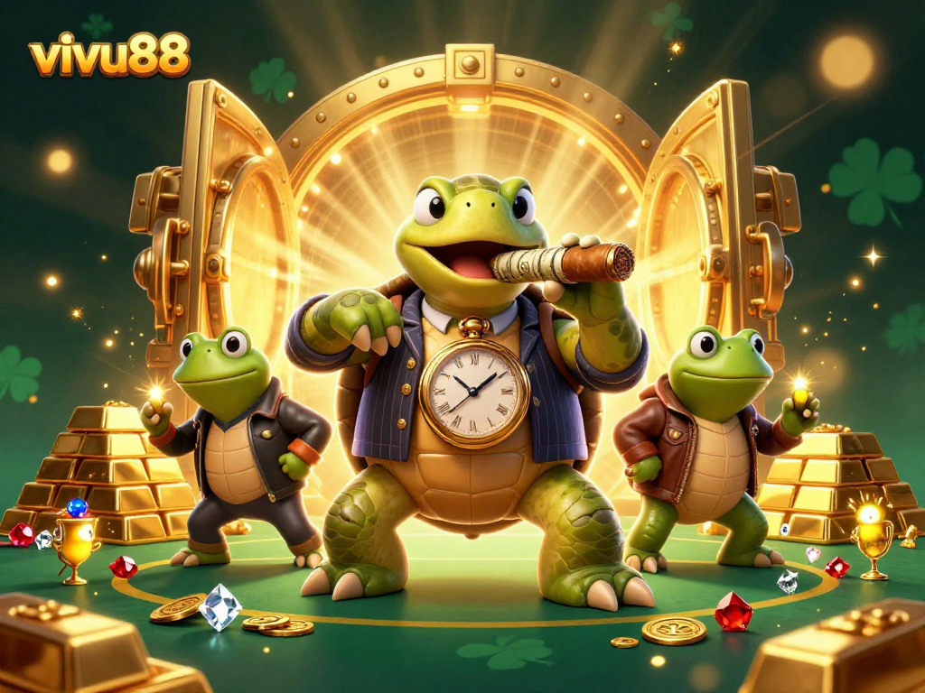 Experience thrilling wins at vivu88's casino with a dynamic scene featuring lively characters and treasures.